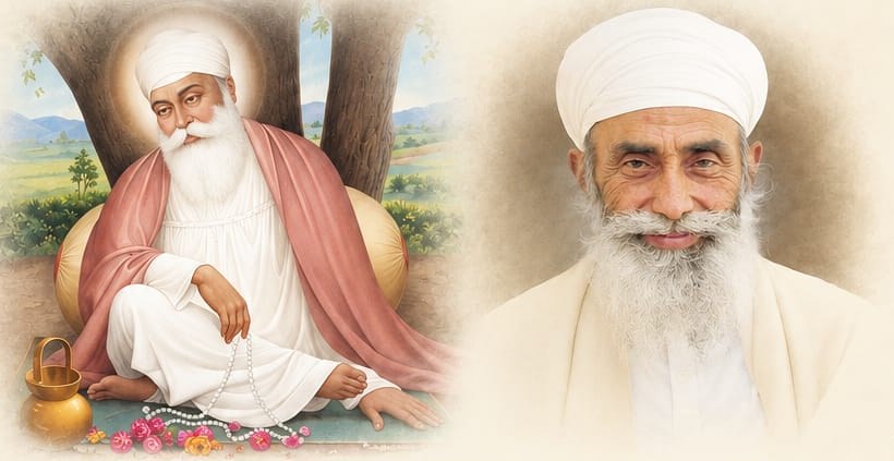 Painting of Sri Satguru Nanak Dev Ji seated beneath a tree, beside a portrait of Sri Satguru Jagjit Singh Ji